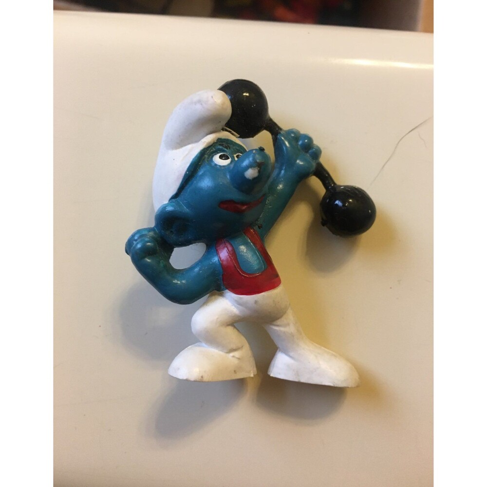 Vintage Weightlifting Hefty Smurf with Red Shirt Collectible Action Figure 1972